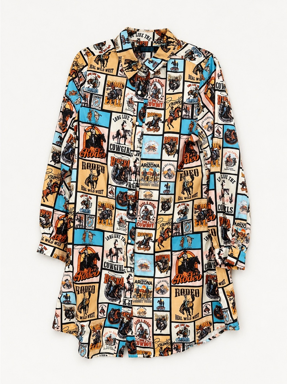 Western Rodeo Print pearl Snap Shirt Dress - Multicolor